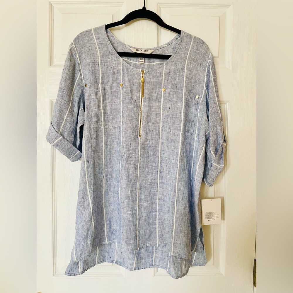 Ellen Tracy | Blue & White | Striped Linen Tunic Top | Size XL